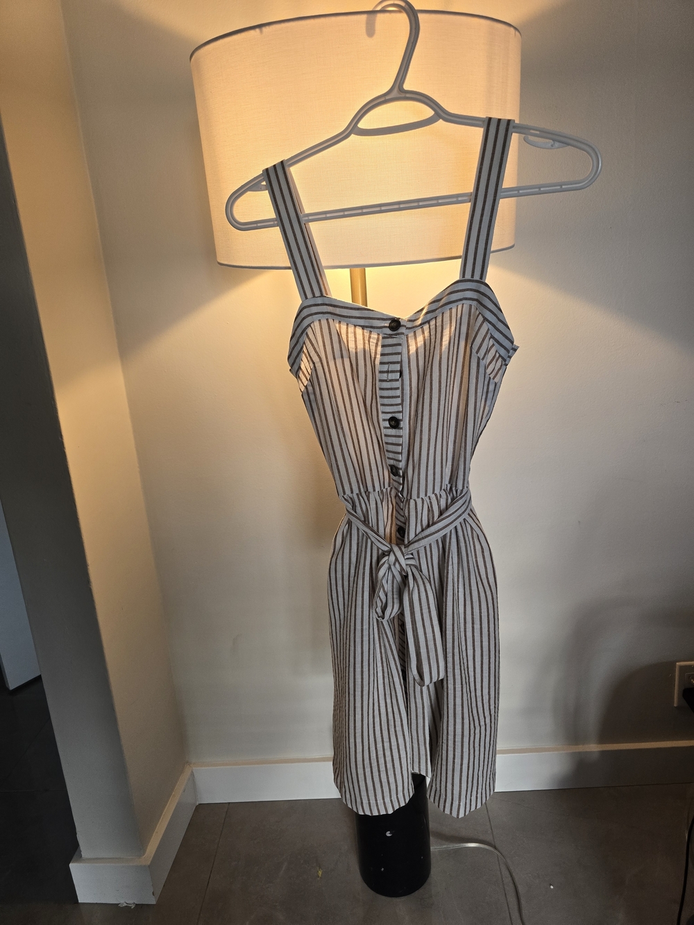 Monteau Striped Tie-Waist Midi Dress in Beige and White